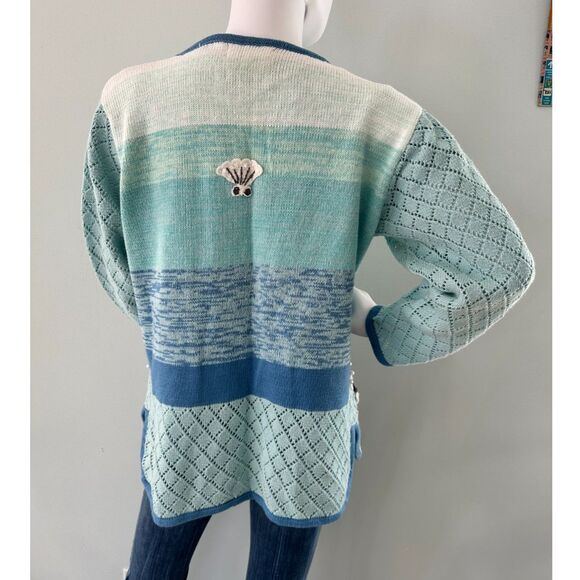 VTG Storybook Knits Button-Up Sea Sounds Sweater Cardigan Beach Scene Womens M - Picture 3 of 10